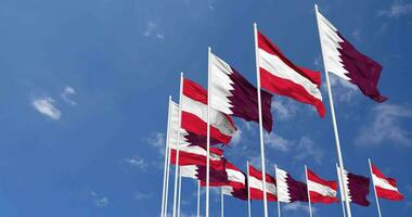 Austria and Qatar Flags Waving Together in the Sky, Seamless Loop in Wind, Space on Left Side for Design or Information, 3D Rendering video