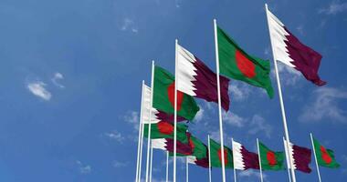 Bangladesh and Qatar Flags Waving Together in the Sky, Seamless Loop in Wind, Space on Left Side for Design or Information, 3D Rendering video