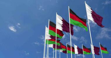 Malawi and Qatar Flags Waving Together in the Sky, Seamless Loop in Wind, Space on Left Side for Design or Information, 3D Rendering video
