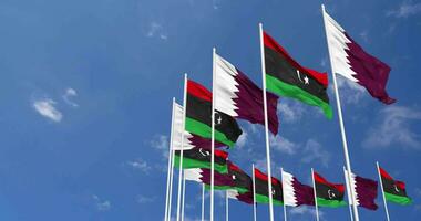 Libya and Qatar Flags Waving Together in the Sky, Seamless Loop in Wind, Space on Left Side for Design or Information, 3D Rendering video