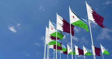 Djibouti and Qatar Flags Waving Together in the Sky, Seamless Loop in Wind, Space on Left Side for Design or Information, 3D Rendering video