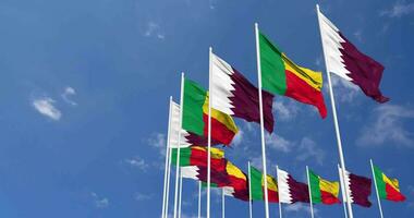 Benin and Qatar Flags Waving Together in the Sky, Seamless Loop in Wind, Space on Left Side for Design or Information, 3D Rendering video
