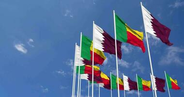 Benin and Qatar Flags Waving Together in the Sky, Seamless Loop in Wind, Space on Left Side for Design or Information, 3D Rendering video