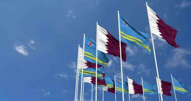 Aruba and Qatar Flags Waving Together in the Sky, Seamless Loop in Wind, Space on Left Side for Design or Information, 3D Rendering video