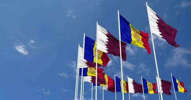 Andorra and Qatar Flags Waving Together in the Sky, Seamless Loop in Wind, Space on Left Side for Design or Information, 3D Rendering video