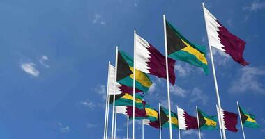 Bahamas and Qatar Flags Waving Together in the Sky, Seamless Loop in Wind, Space on Left Side for Design or Information, 3D Rendering video