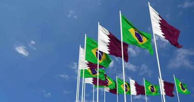 Brasil y Katar banderas ondulación juntos en el cielo, sin costura lazo en viento, espacio en izquierda lado para diseño o información, 3d representación video