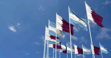 Argentina and Qatar Flags Waving Together in the Sky, Seamless Loop in Wind, Space on Left Side for Design or Information, 3D Rendering video