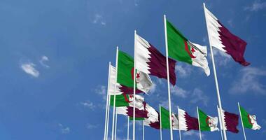 Algeria and Qatar Flags Waving Together in the Sky, Seamless Loop in Wind, Space on Left Side for Design or Information, 3D Rendering video