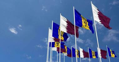 Barbados and Qatar Flags Waving Together in the Sky, Seamless Loop in Wind, Space on Left Side for Design or Information, 3D Rendering video