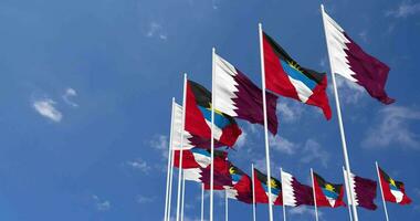 Antigua and Barbuda and Qatar Flags Waving Together in the Sky, Seamless Loop in Wind, Space on Left Side for Design or Information, 3D Rendering video