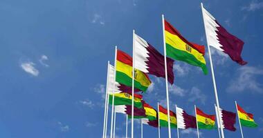 Bolivie et Qatar drapeaux agitant ensemble dans le ciel, sans couture boucle dans vent, espace sur la gauche côté pour conception ou information, 3d le rendu video