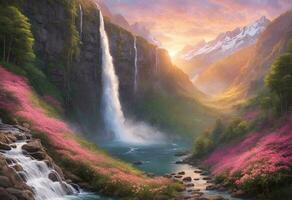 AI generated A majestic waterfall cascades down a sheer cliff face, its waters shimmering with hues of gold and pink as the first rays of dawn illuminate the scene photo