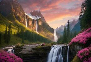 AI generated A majestic waterfall cascades down a sheer cliff face, its waters shimmering with hues of gold and pink as the first rays of dawn illuminate the scene photo