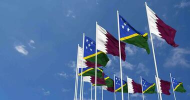 Solomon Islands and Qatar Flags Waving Together in the Sky, Seamless Loop in Wind, Space on Left Side for Design or Information, 3D Rendering video