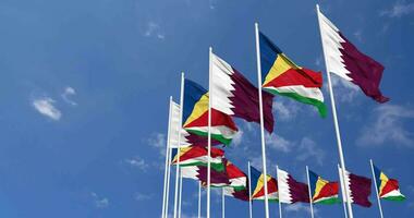 Seychelles and Qatar Flags Waving Together in the Sky, Seamless Loop in Wind, Space on Left Side for Design or Information, 3D Rendering video