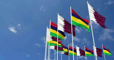Mauritius and Qatar Flags Waving Together in the Sky, Seamless Loop in Wind, Space on Left Side for Design or Information, 3D Rendering video