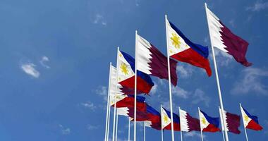 Philippines and Qatar Flags Waving Together in the Sky, Seamless Loop in Wind, Space on Left Side for Design or Information, 3D Rendering video