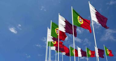 Portugal and Qatar Flags Waving Together in the Sky, Seamless Loop in Wind, Space on Left Side for Design or Information, 3D Rendering video