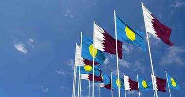 Palau and Qatar Flags Waving Together in the Sky, Seamless Loop in Wind, Space on Left Side for Design or Information, 3D Rendering video