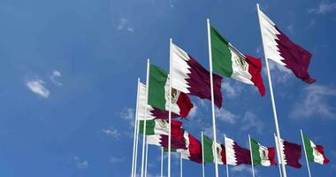 Mexico and Qatar Flags Waving Together in the Sky, Seamless Loop in Wind, Space on Left Side for Design or Information, 3D Rendering video