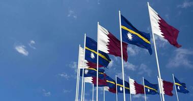 Nauru and Qatar Flags Waving Together in the Sky, Seamless Loop in Wind, Space on Left Side for Design or Information, 3D Rendering video