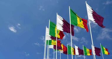 Senegal and Qatar Flags Waving Together in the Sky, Seamless Loop in Wind, Space on Left Side for Design or Information, 3D Rendering video