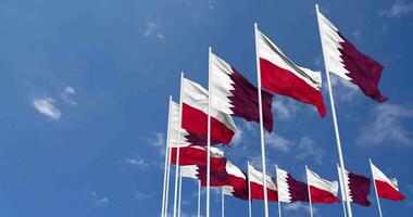 Poland and Qatar Flags Waving Together in the Sky, Seamless Loop in Wind, Space on Left Side for Design or Information, 3D Rendering video