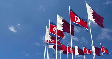 North Korea and Qatar Flags Waving Together in the Sky, Seamless Loop in Wind, Space on Left Side for Design or Information, 3D Rendering video