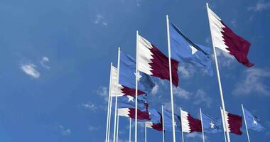 Somalia and Qatar Flags Waving Together in the Sky, Seamless Loop in Wind, Space on Left Side for Design or Information, 3D Rendering video