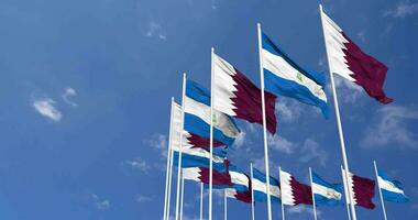 Nicaragua and Qatar Flags Waving Together in the Sky, Seamless Loop in Wind, Space on Left Side for Design or Information, 3D Rendering video