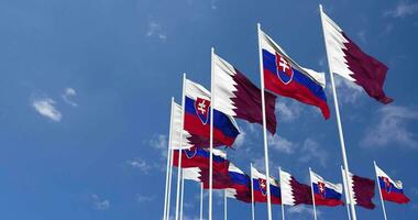 Slovakia and Qatar Flags Waving Together in the Sky, Seamless Loop in Wind, Space on Left Side for Design or Information, 3D Rendering video