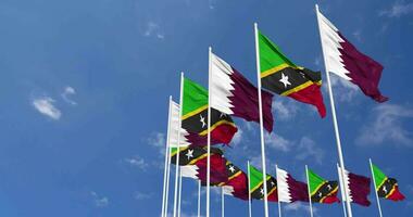 Saint Kitts and Nevis and Qatar Flags Waving Together in the Sky, Seamless Loop in Wind, Space on Left Side for Design or Information, 3D Rendering video