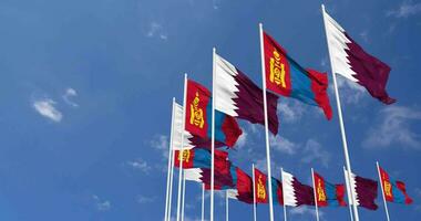 Mongolia and Qatar Flags Waving Together in the Sky, Seamless Loop in Wind, Space on Left Side for Design or Information, 3D Rendering video