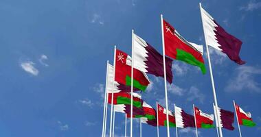 Oman and Qatar Flags Waving Together in the Sky, Seamless Loop in Wind, Space on Left Side for Design or Information, 3D Rendering video