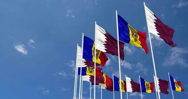 Moldova and Qatar Flags Waving Together in the Sky, Seamless Loop in Wind, Space on Left Side for Design or Information, 3D Rendering video