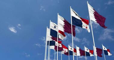 Panama and Qatar Flags Waving Together in the Sky, Seamless Loop in Wind, Space on Left Side for Design or Information, 3D Rendering video