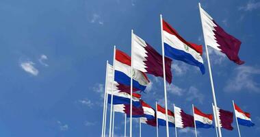Paraguay and Qatar Flags Waving Together in the Sky, Seamless Loop in Wind, Space on Left Side for Design or Information, 3D Rendering video