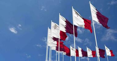 Malta and Qatar Flags Waving Together in the Sky, Seamless Loop in Wind, Space on Left Side for Design or Information, 3D Rendering video