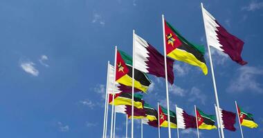 Mozambique and Qatar Flags Waving Together in the Sky, Seamless Loop in Wind, Space on Left Side for Design or Information, 3D Rendering video
