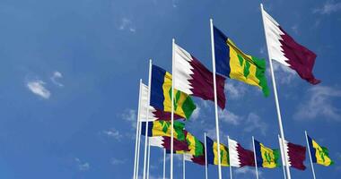 Saint Vincent and the Grenadines and Qatar Flags Waving Together in the Sky, Seamless Loop in Wind, Space on Left Side for Design or Information, 3D Rendering video