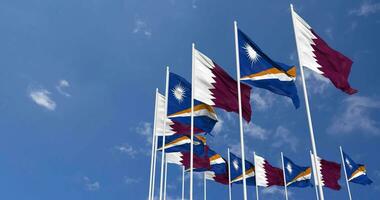 Marshall Islands and Qatar Flags Waving Together in the Sky, Seamless Loop in Wind, Space on Left Side for Design or Information, 3D Rendering video