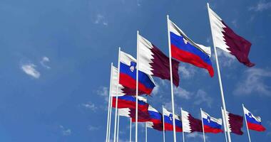 Slovenia and Qatar Flags Waving Together in the Sky, Seamless Loop in Wind, Space on Left Side for Design or Information, 3D Rendering video