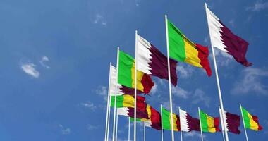 Mali and Qatar Flags Waving Together in the Sky, Seamless Loop in Wind, Space on Left Side for Design or Information, 3D Rendering video