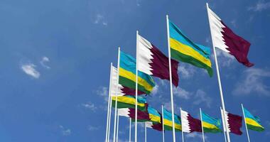 Rwanda and Qatar Flags Waving Together in the Sky, Seamless Loop in Wind, Space on Left Side for Design or Information, 3D Rendering video