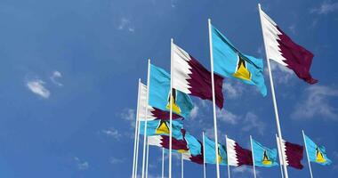 Saint Lucia and Qatar Flags Waving Together in the Sky, Seamless Loop in Wind, Space on Left Side for Design or Information, 3D Rendering video