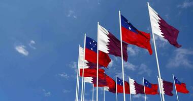 Samoa and Qatar Flags Waving Together in the Sky, Seamless Loop in Wind, Space on Left Side for Design or Information, 3D Rendering video