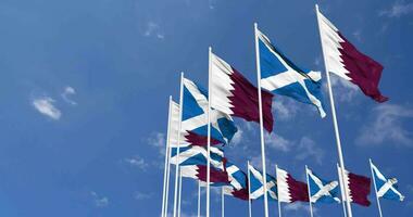 Scotland and Qatar Flags Waving Together in the Sky, Seamless Loop in Wind, Space on Left Side for Design or Information, 3D Rendering video