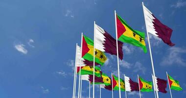 Sao Tome and Principe and Qatar Flags Waving Together in the Sky, Seamless Loop in Wind, Space on Left Side for Design or Information, 3D Rendering video