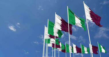 Nigeria and Qatar Flags Waving Together in the Sky, Seamless Loop in Wind, Space on Left Side for Design or Information, 3D Rendering video